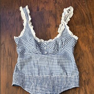Free People Blue Checkered Lace Trim Bodysuit